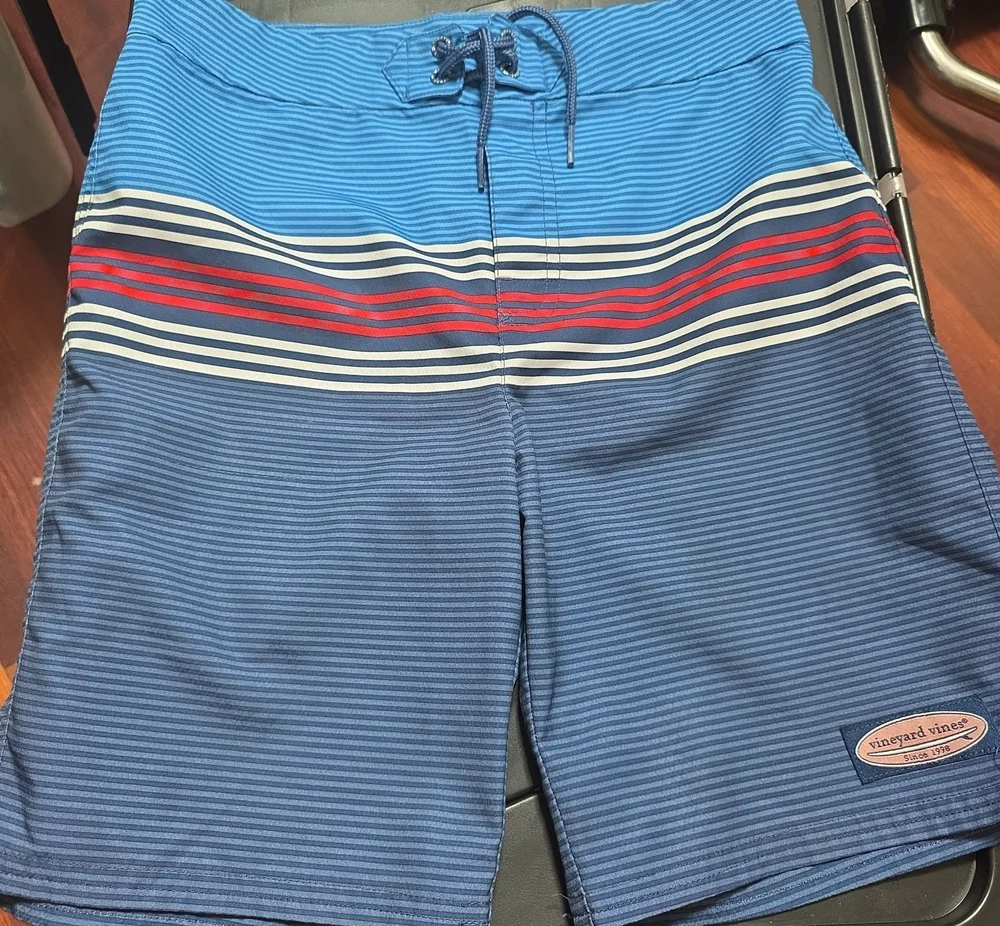 Vineyard Vines Blue and Red Striped Boys Swim Board Shorts